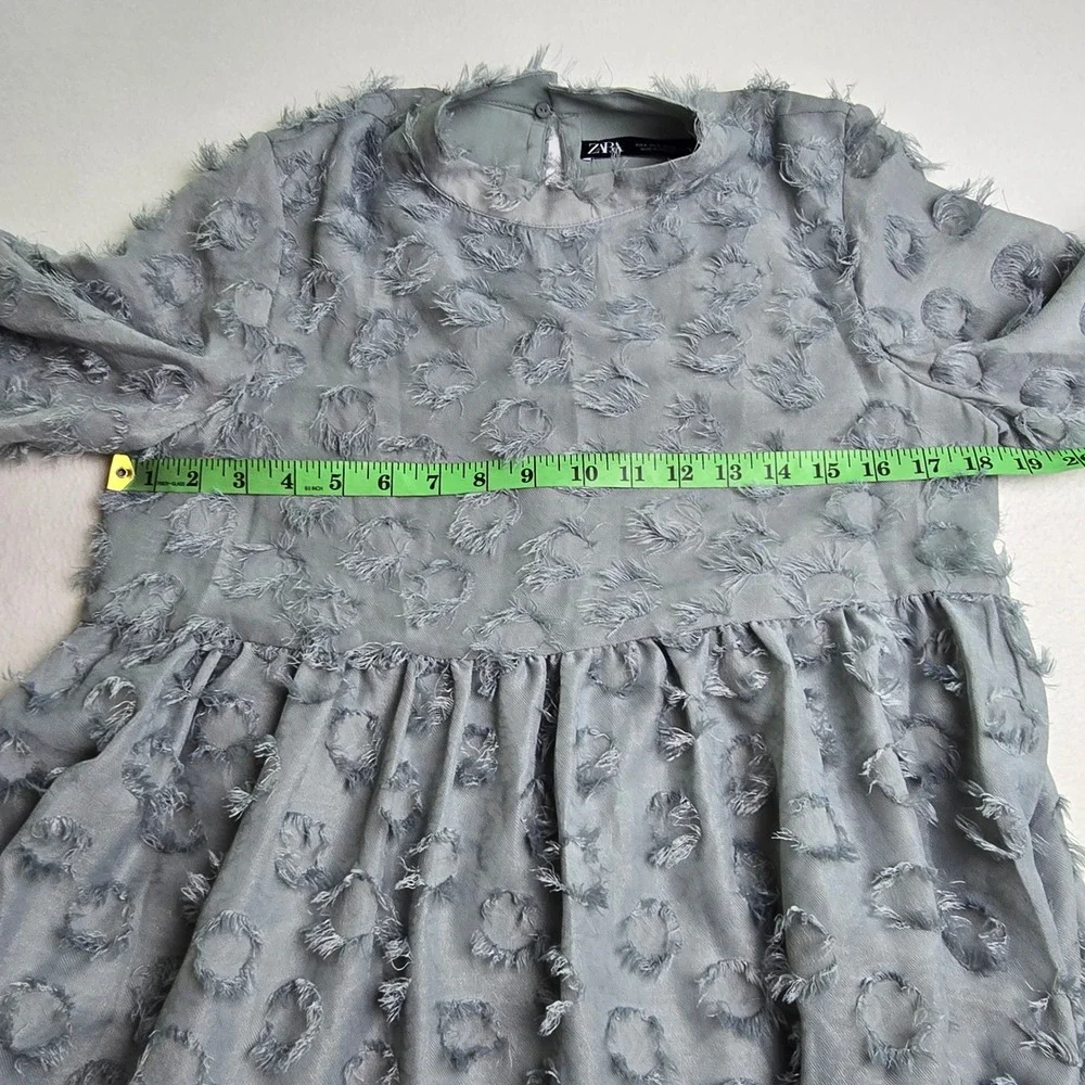 Zara Textured Fringe Circle Applique Babydoll Mini Dress Dusty Blue Small - Picture 8 of 10